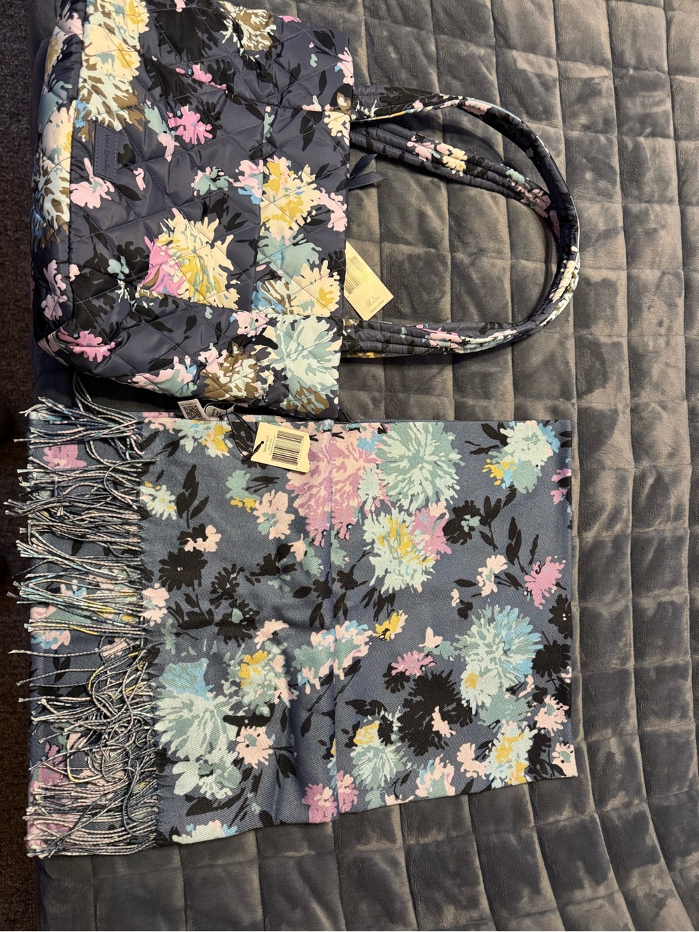 Quilted Floral Tote Bag and Matching Scarf  Vera Bradley-Navy Multicolor
